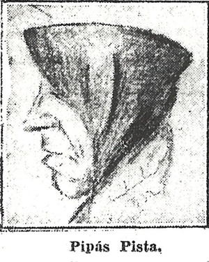 Vuonna 1933 julkaistu lehtiuutisen kuva. Oikeudenkäynnin yhteydessä Piippu-Pista joutui pitkästä aikaa taas pukeutumaan naisen vaatteisiin.